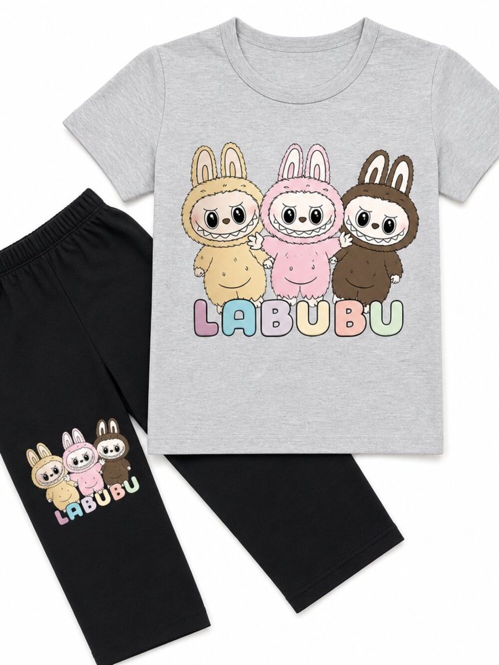 Kawaii Style Lounge Set – Gray Top & Black Bottoms